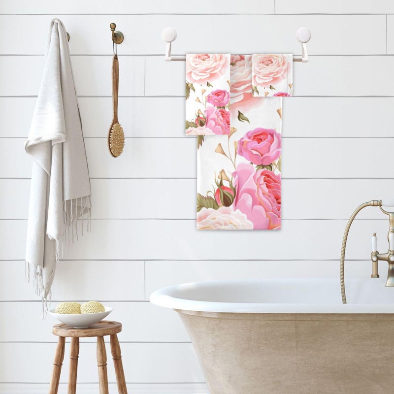 susiyo 3 Piece Bath Towel Set, Soft Highly Absorbent Bathroom Towels Beautiful Floral Pink Roses Fashion Print Quality Towels (Set of 3, 1 Bath Towel, 1 Hand Towel & 1 Washcloth) - Image 5
